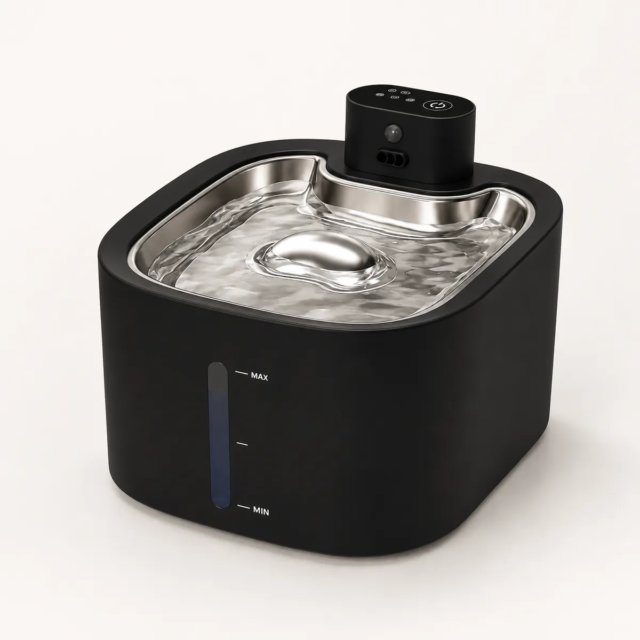 Dusk Black SHAEVRA Flow cordless cat water fountain with stainless steel drinking tray