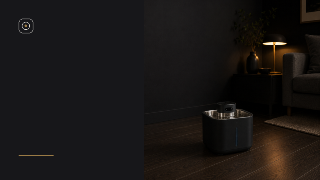 SHAEVRA Flow cat water fountain in a warmly lit evening interior