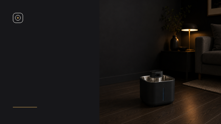 SHAEVRA Flow cat water fountain in a warmly lit evening interior