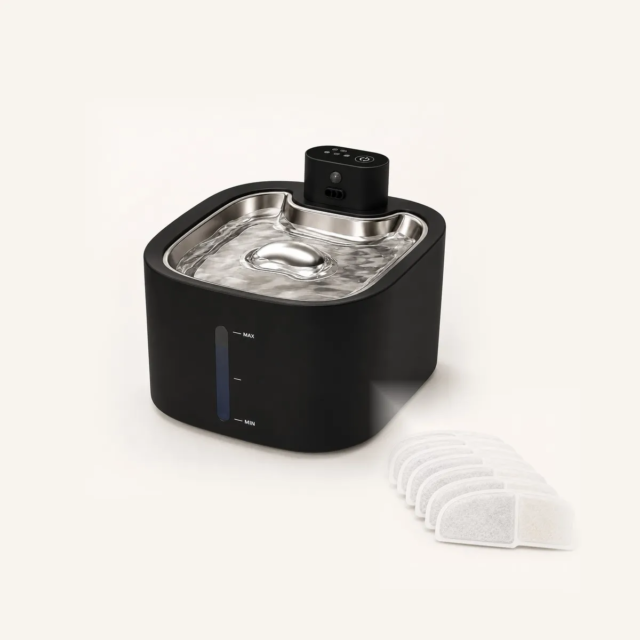Dusk Black SHAEVRA Flow cat water fountain beside a 7-pack of replacement filters