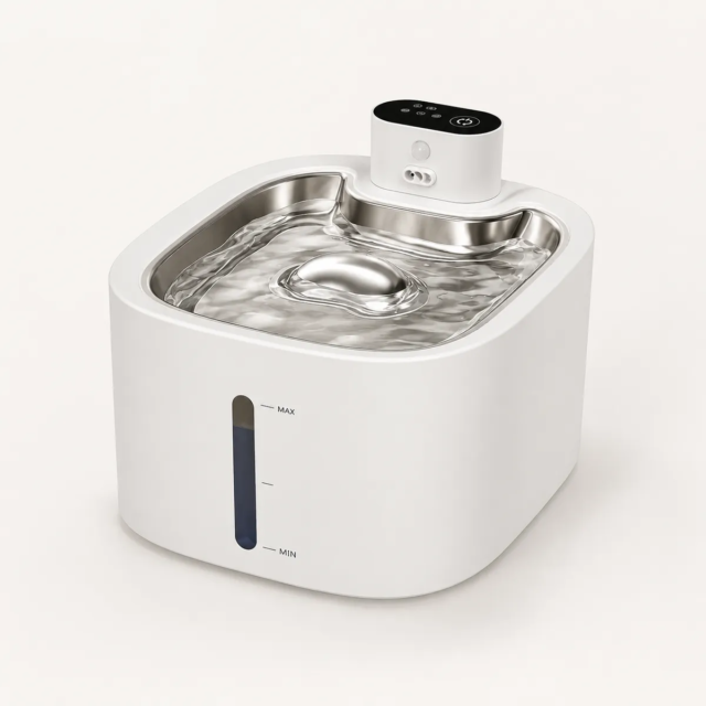 White SHAEVRA Flow cordless cat water fountain with stainless steel drinking tray